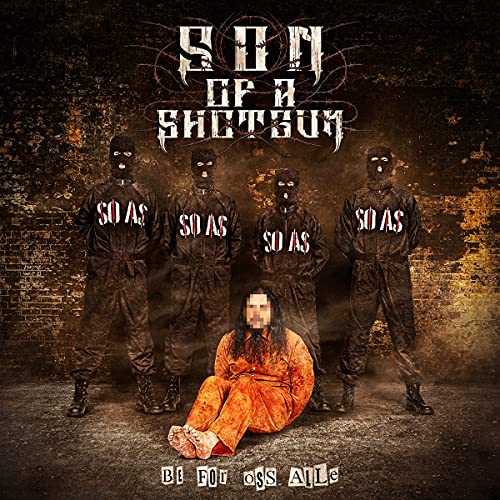 Four masked figures in black jumpsuits stand behind a person in an orange jumpsuit.