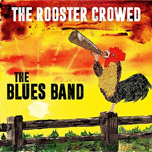 "Album cover featuring a rooster blowing a horn on a fence."