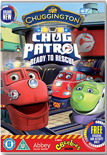 "DVD cover featuring three cartoon trains with the title 'Chuggington Chug Patrol Ready to Rescue'."