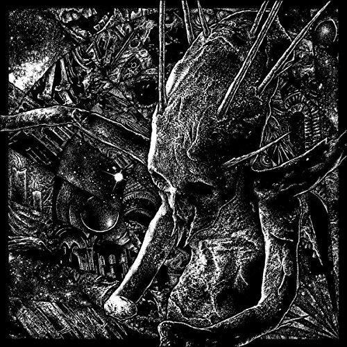 A black-and-white illustration of a grotesque, mechanical creature with sharp, metallic features.