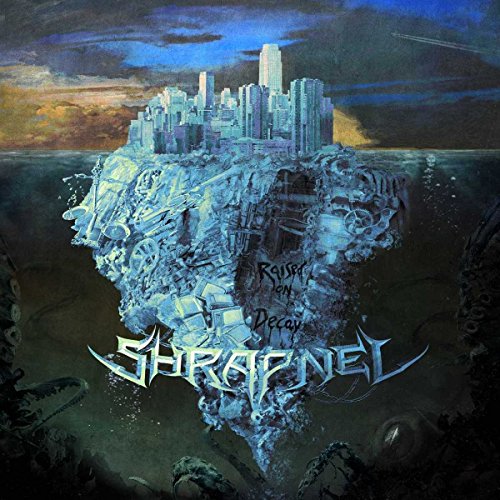 CD cover: floating, ruined city with “Shrapnel” band logo below.