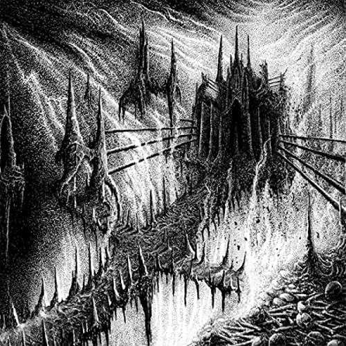 Black and white drawing of a decaying, spiked gothic cityscape.