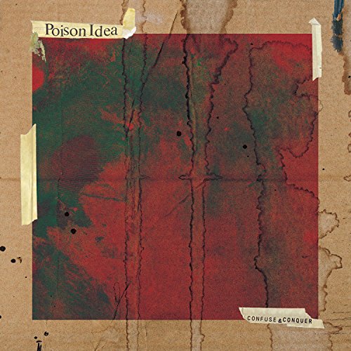 "Album cover with red and green abstract design on worn, taped cardboard background."