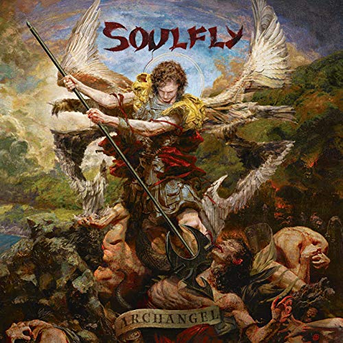 "Album cover art featuring an armored angel standing on demons, with doves."