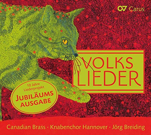 Red album cover with green cat and yellow text, featuring "Volkslieder" and artist names.