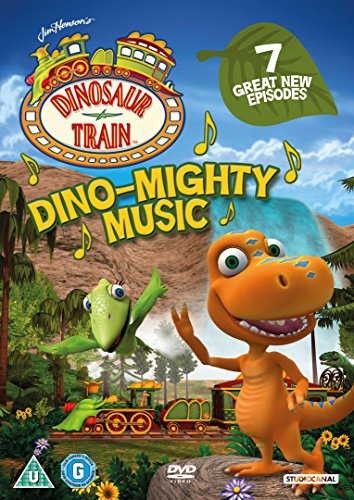 "Dinosaur Train" DVD cover featuring cartoon dinosaurs and a train in a prehistoric landscape.