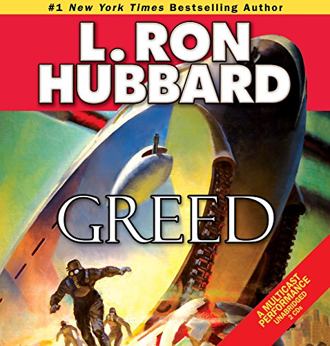 CD cover for "Greed" by L. Ron Hubbard, featuring a spaceship and figures.