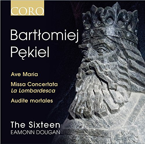 "CD cover with a stone statue of a bearded, crowned man on a black background."
