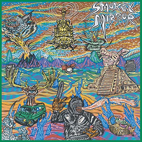 Psychedelic album cover with fantastical creatures, a volcano, and a pyramid.