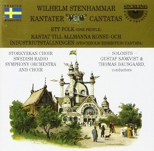 CD cover: painting of Stockholm Exhibition building with people, Swedish flag.