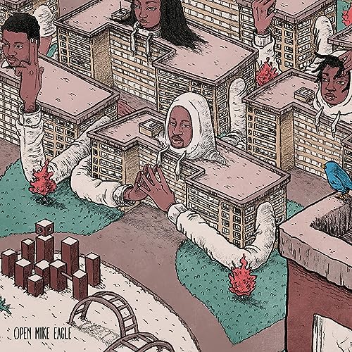 Album cover art featuring illustrated people and city buildings.