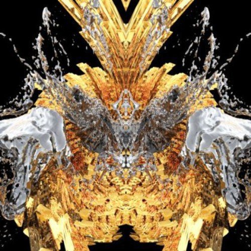 The image depicts a symmetrical, abstract design featuring gold and silver elements against a black background. For accessibility purposes, a suitable alt text could be: "Symmetrical gold and silver abstract design on a black background."