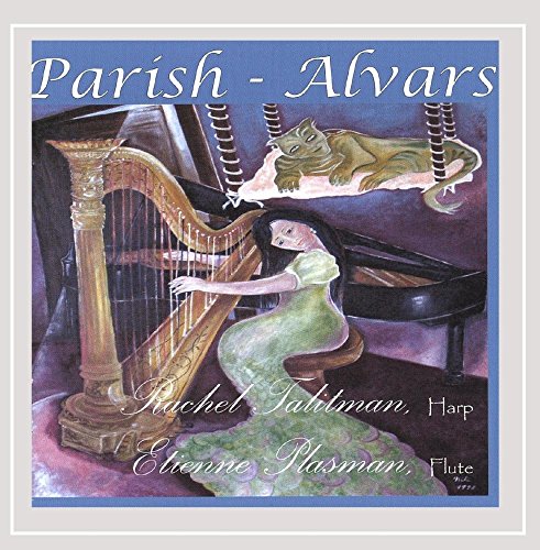 "CD cover featuring a woman playing harp with a dragon above a piano."