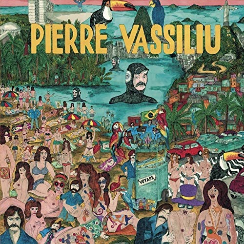 "Album cover art featuring a vibrant, cartoonish illustration of people and tropical scenery."