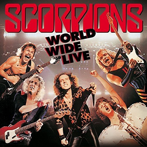 "Scorpions band members performing on stage, playing instruments, on album cover."