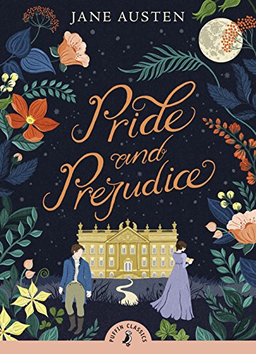 "Pride and Prejudice" book cover with manor, couple, and foliage under a moonlit sky.