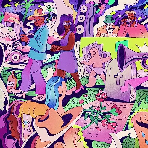 Colorful illustration of people, a baby, and musical equipment.
