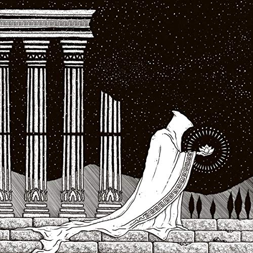 Black and white illustration of a cloaked figure before classical columns.