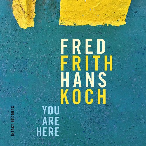 "Blue textured album cover with yellow paint and white and yellow artist names."