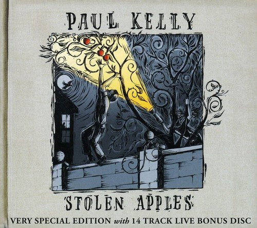 "Album cover art for 'Stolen Apples' by Paul Kelly, featuring a man stealing apples."