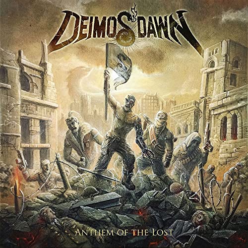 CD cover: warriors amid ruins, holding a banner, dramatic sky.