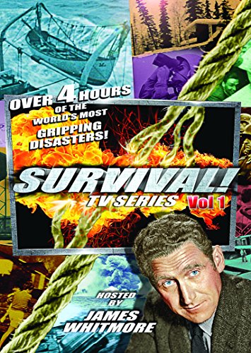 DVD cover for "Survival!" TV series, featuring disaster scenes and James Whitmore.