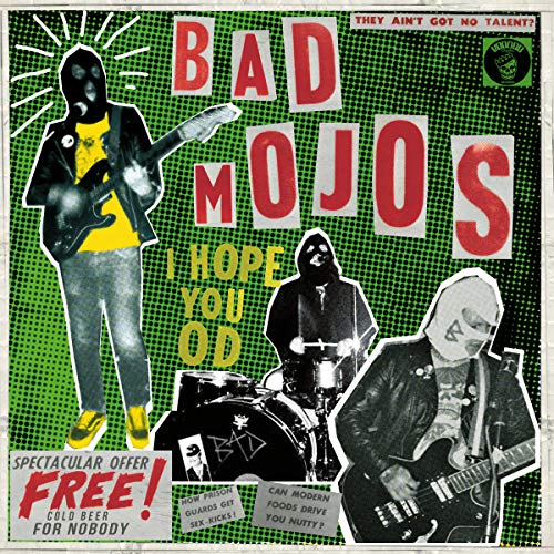 "Album cover with three musicians on a green halftone background, 'Bad Mojos' in red."