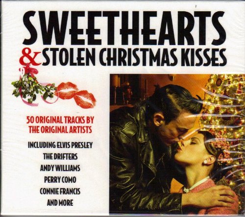 CD cover with couple embracing, mistletoe, and red lips, titled "Sweethearts & Stolen Christmas Kisses".