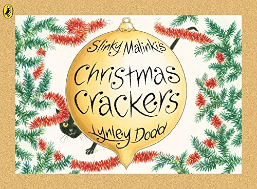 "Children's book cover featuring a black cat and gold Christmas ornament surrounded by garland."