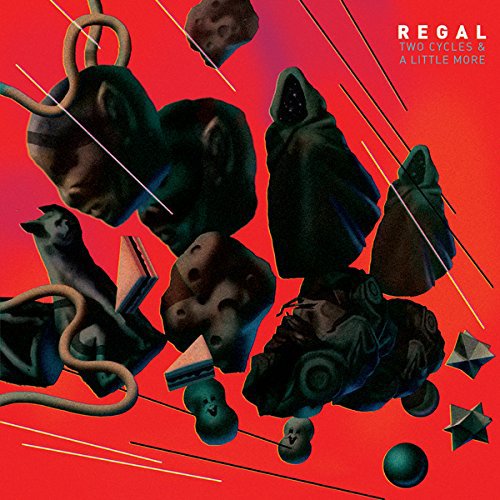 "Album cover art featuring surreal, dark green figures and objects on a red background."