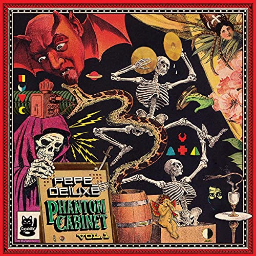 Surreal collage art featuring a red devil, skeletons, a snake, and a wooden barrel.