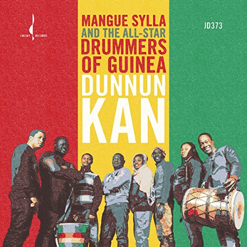 The image is a vibrant album cover for "MANGUE SYLLA AND THE ALL-STAR DRUMMERS OF GUINEA" featuring a colorful illustration of musicians and a bold title. * The title is prominently displayed in large, white text at the top of the image. * The title is written in all capital letters and reads "MANGUE SYLLA AND THE ALL-STAR DRUMMERS OF GUINEA". * The text is