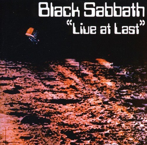 "Album cover with astronaut on moon surface, 'Black Sabbath Live at Last' in white text."