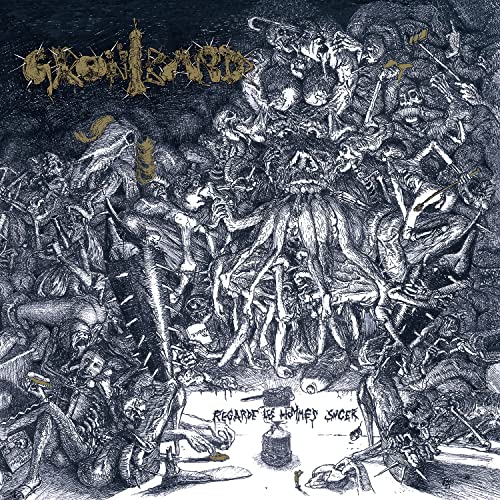 Black and white illustration of chaotic, densely packed figures and forms.