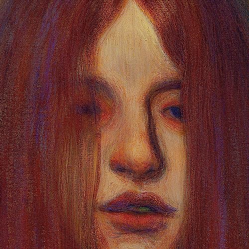 Close-up painted portrait of a person with long red hair.