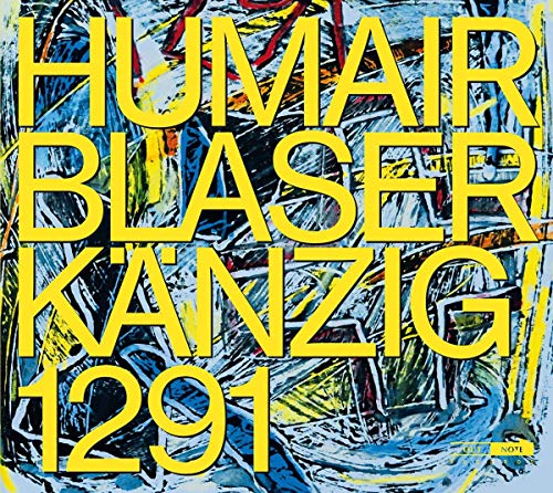 Album cover with abstract blue and white background and yellow text overlay.