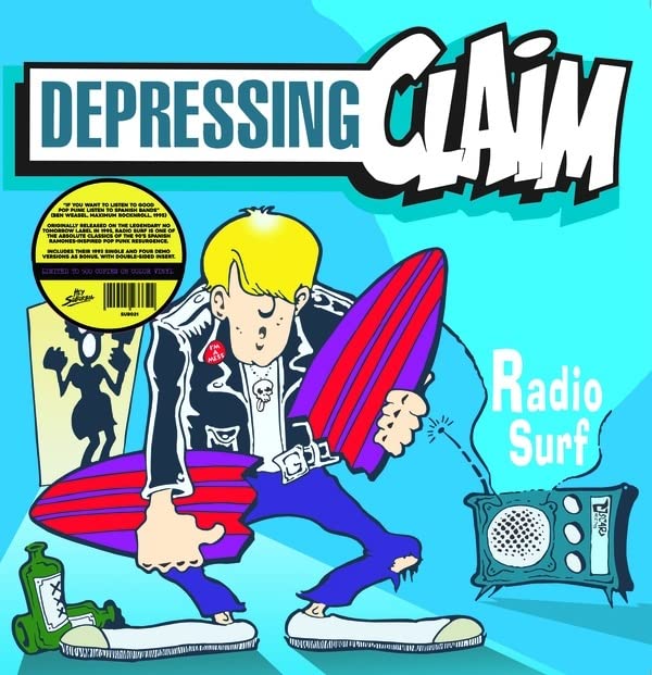 Vinyl record cover: cartoon boy surfing with a boombox, bright blue background.