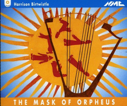 "Album cover with a lyre and red figures on an orange sunburst background."