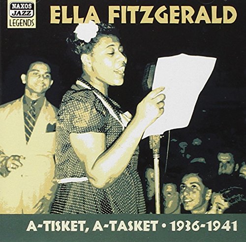 Ella Fitzgerald sings into a microphone, with a man behind her, on a CD cover.