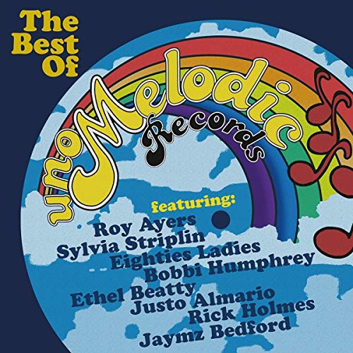 "CD cover with rainbow, globe, and artist names on a blue background."