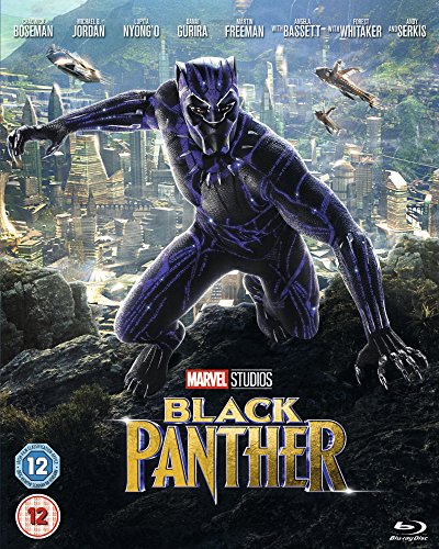 "Blu-ray cover featuring Black Panther crouching on a rocky outcrop, cityscape behind."