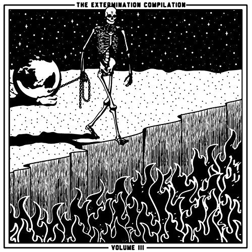 Black and white illustration of a skeleton walking towards a fiery abyss.
