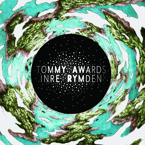 "Black circle with white text surrounded by swirling green and brown abstract pattern."