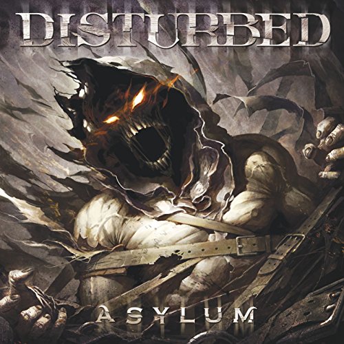 The image depicts a haunting illustration of a man restrained, with a dark creature bursting from his chest. The creature's eyes glow, and the man appears lifeless, strapped down. The background is dark and ominous. The text "DISTURBED" is prominently displayed at the top, while "ASYLUM" is written at the bottom. Alt text: "Album cover art featuring a man strapped down with a dark creature emerging."