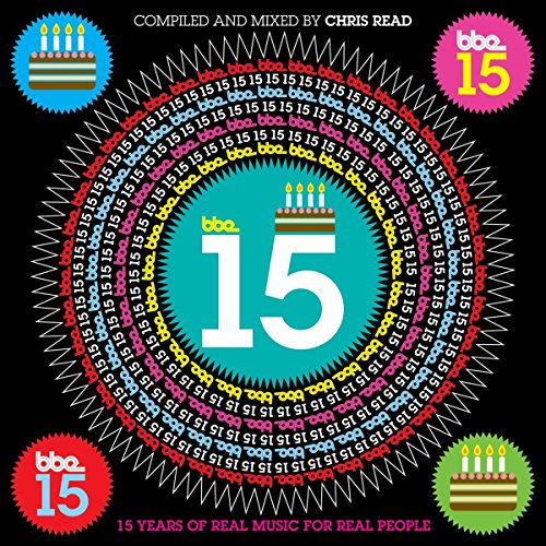 "Album cover with '15' in center, surrounded by colorful circles and birthday cake icons."