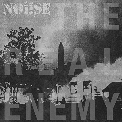 Black and white album cover with text and a blurred cityscape.