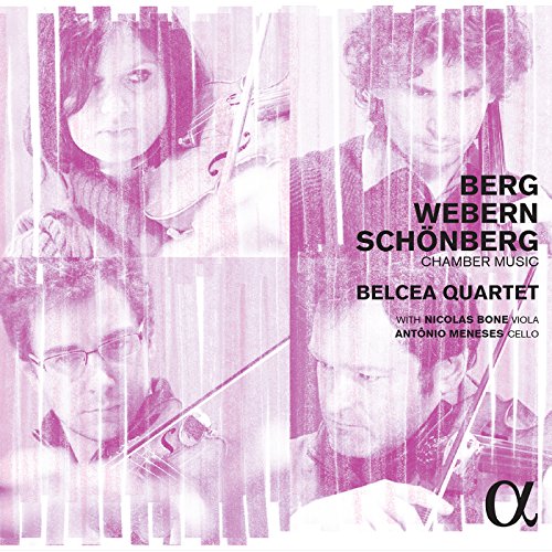 "Album cover with musicians playing string instruments, pink-toned images, and black text."