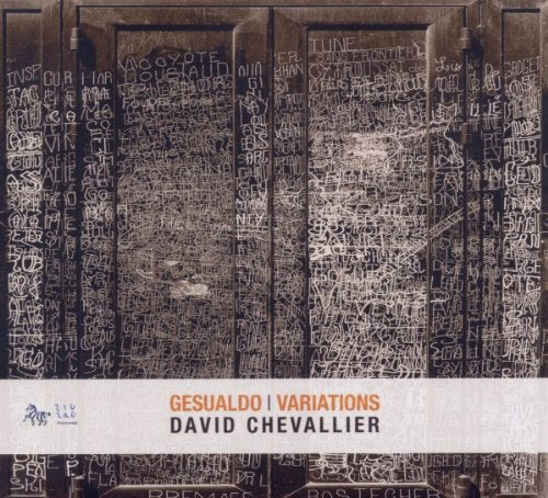 "CD cover with graffiti-covered stone panels and text: 'Gesualdo Variations David Chevallier'."