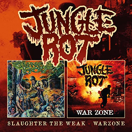 CD cover for Jungle Rot’s “Slaughter The Weak / Warzone” with violent imagery.