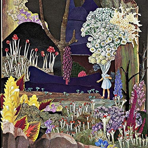"Album cover art featuring a fantastical forest scene with a person holding flowers."